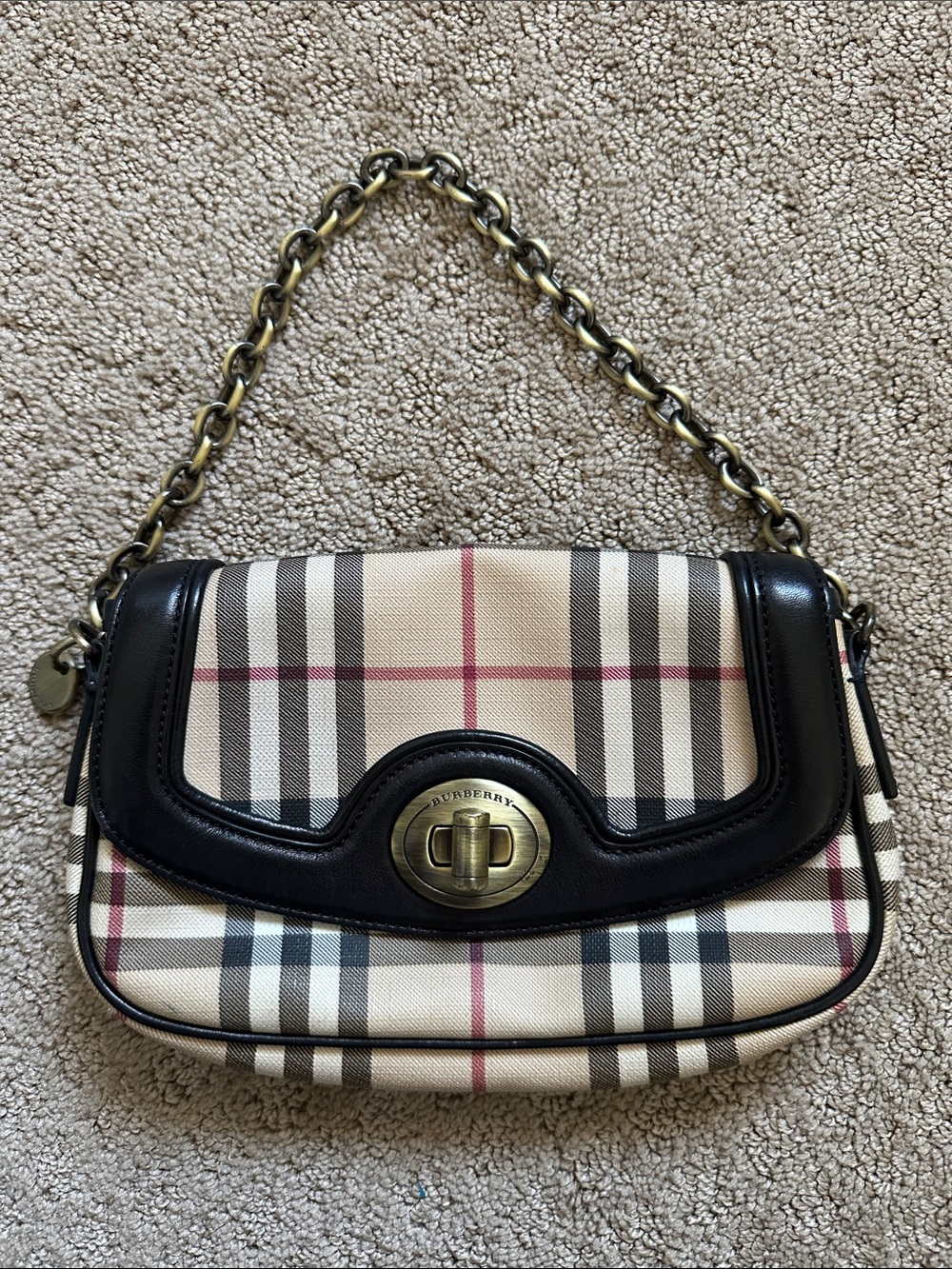 Burberry Black Trim Vintage Check Shoulder Bag with Gold Chain